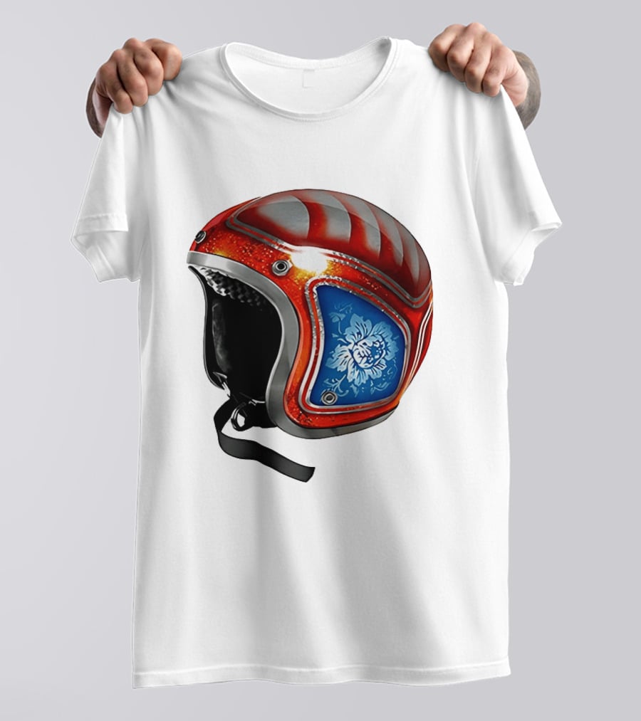 Blue Bloom Racer Helmet Red White Stripes Floral Blossom T-Shirt