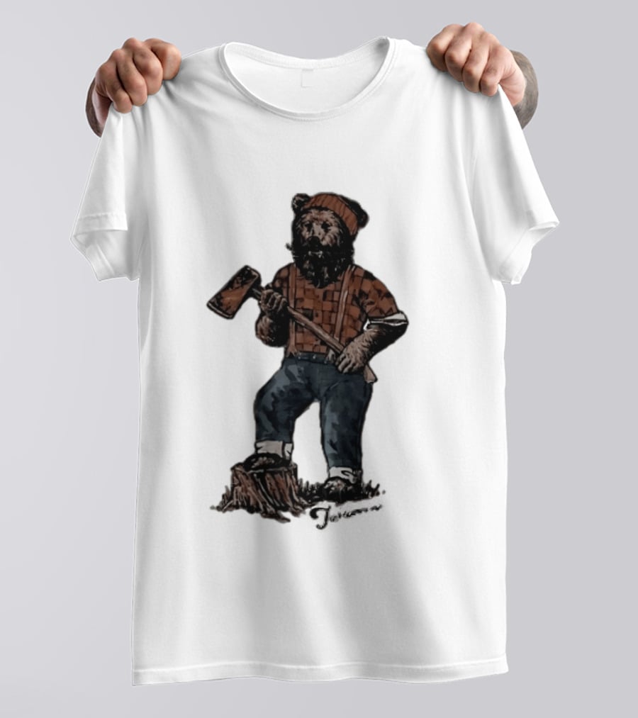 Lumberjack Bear Holding Axe Plaid Denim Jeans Beanie T-Shirt