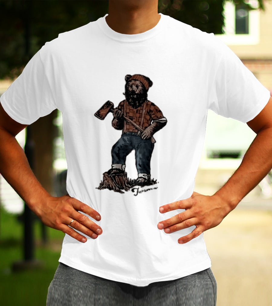Lumberjack Bear Holding Axe Plaid Denim Jeans Beanie T-Shirt