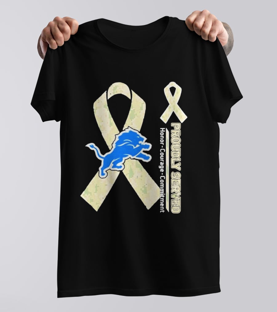 Detroit Lions Camo Ribbon Proudly Served Honor Courage Commitment T-Shirt