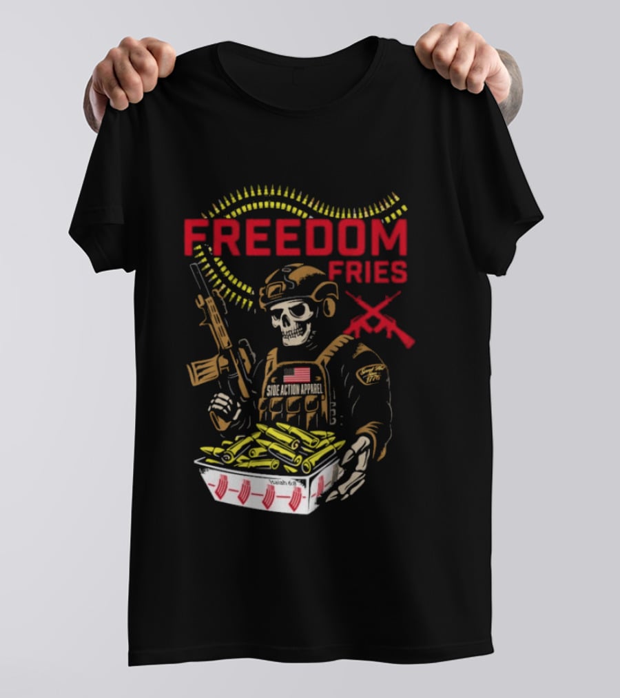 Freedom Fries Military Skeleton With USA Flag And Rifle T-Shirt