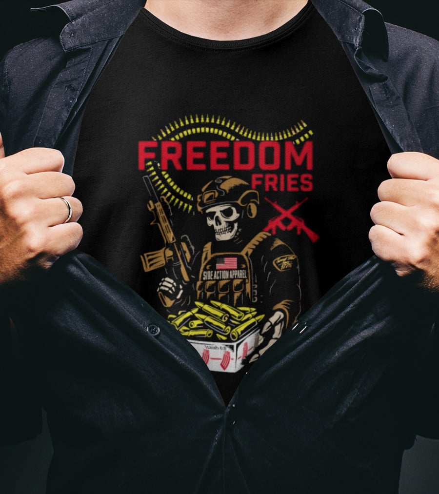 Freedom Fries Military Skeleton With USA Flag And Rifle T-Shirt