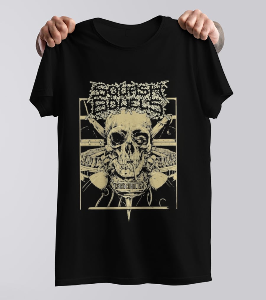 Squash Bowels Grindcoholism Skull With Crossbones And Spine T-Shirt