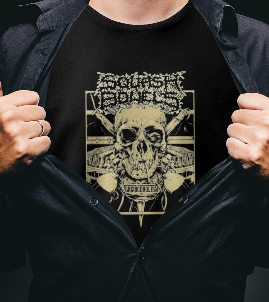 Squash Bowels Grindcoholism Skull With Crossbones And Spine T-Shirt