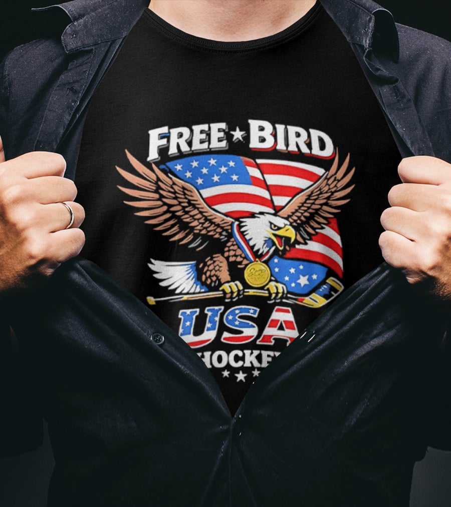 Free Bird USA Hockey Gold Medal American Eagle Iconic Sports Spirit T-Shirt