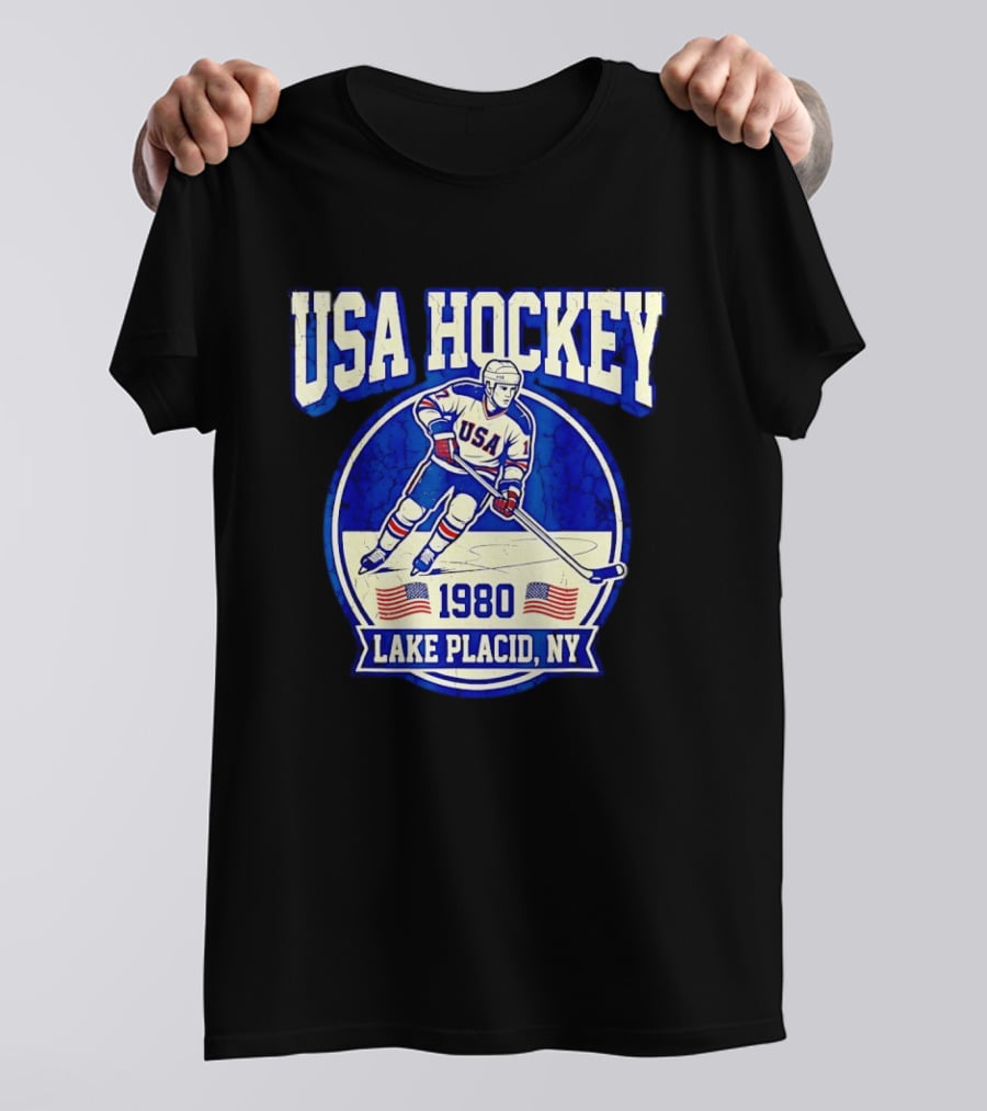 USA Hockey 1980 Lake Placid NY American Flag Ice Skater T-Shirt