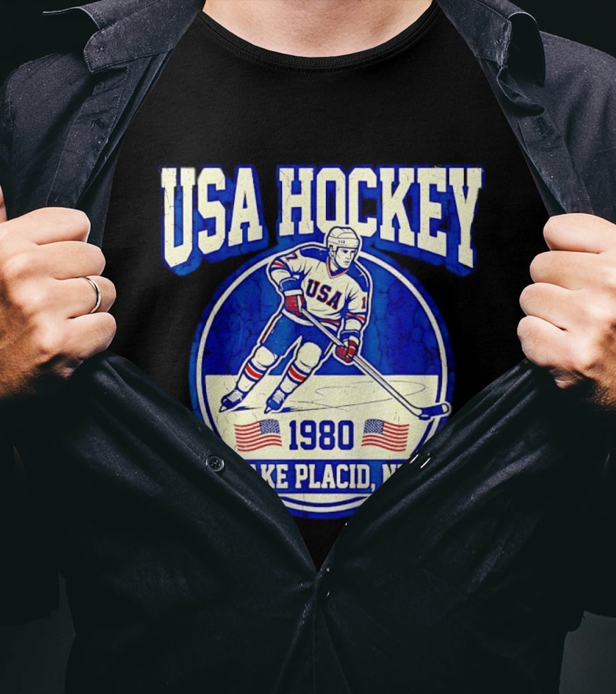 USA Hockey 1980 Lake Placid NY American Flag Ice Skater T-Shirt