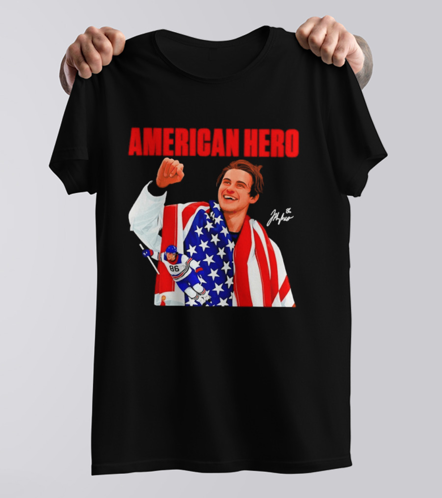 American Hero Jack Hughes USA Flag Hockey T-Shirt
