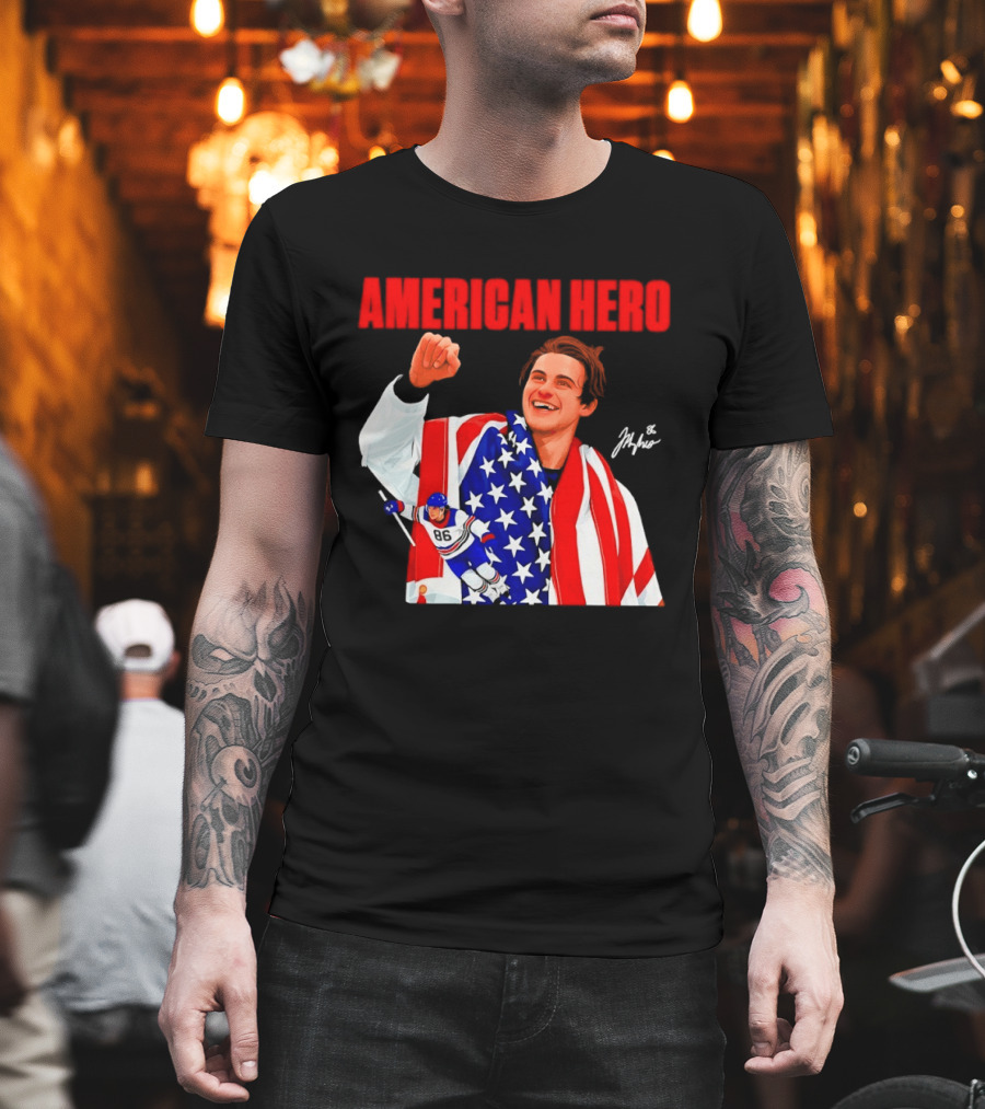 American Hero Jack Hughes USA Flag Hockey T-Shirt