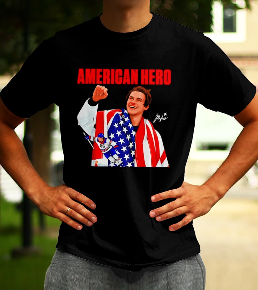 American Hero Jack Hughes USA Flag Hockey T-Shirt