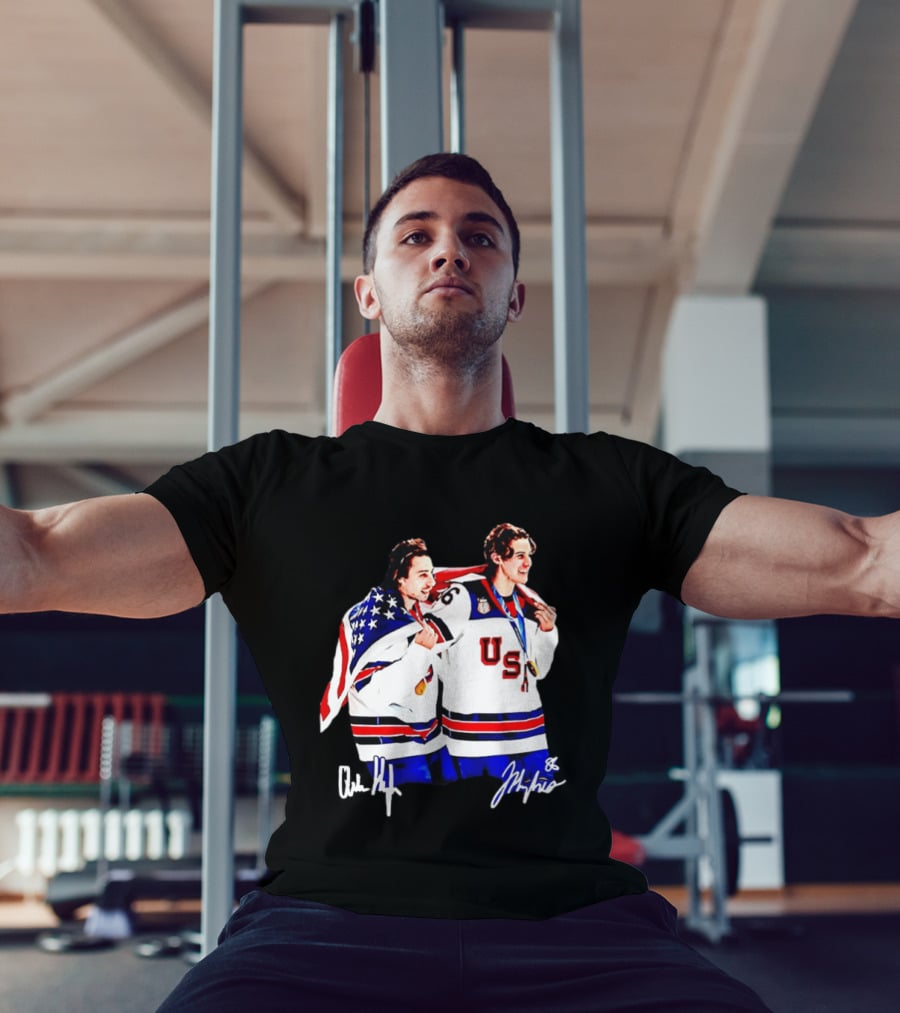 USA Hockey Golden Jack Hughes Jack Quinn American Flag Celebration T-Shirt