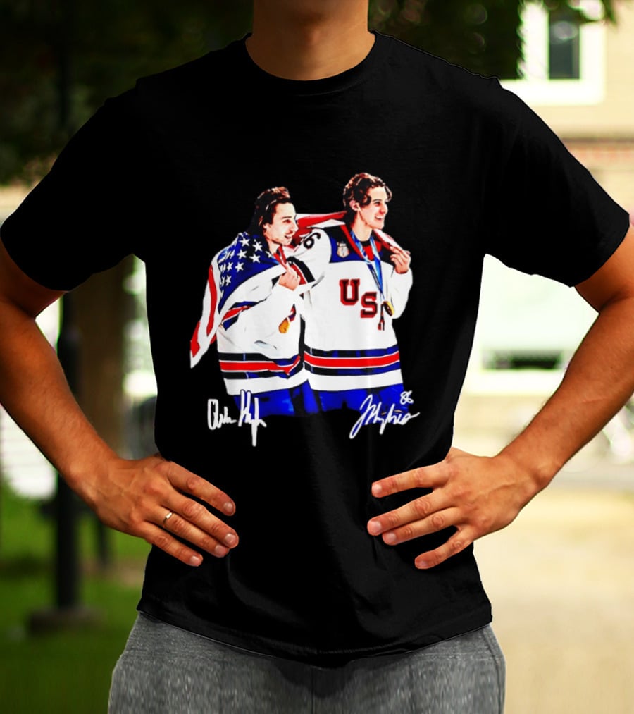 USA Hockey Golden Jack Hughes Jack Quinn American Flag Celebration T-Shirt