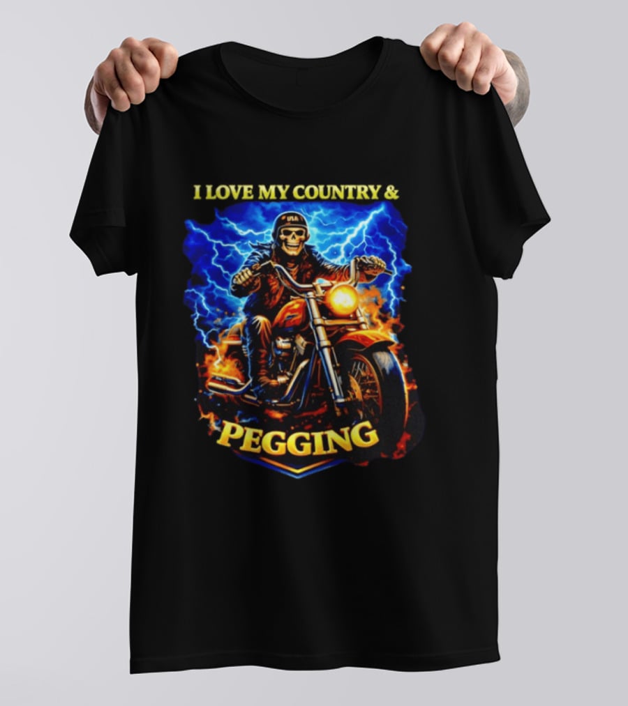 Skeleton USA Biker Riding Motorcycle I Love My Country Pegging T-Shirt