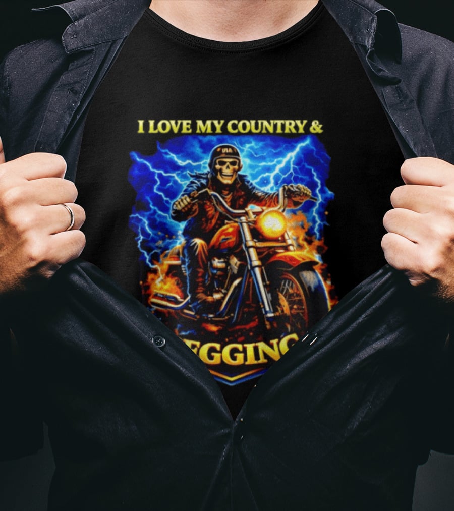 Skeleton USA Biker Riding Motorcycle I Love My Country Pegging T-Shirt