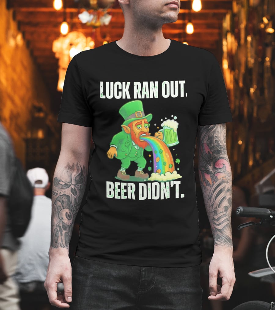 Leprechaun Drinking Beer Vomiting Rainbow Luck Ran Out St. Patrick's Day T-Shirt