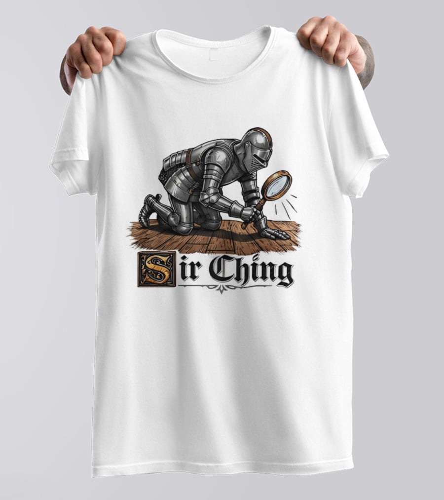Sir Ching Medieval Knight With Magnifying Glass On Wooden Floor T-Shirt