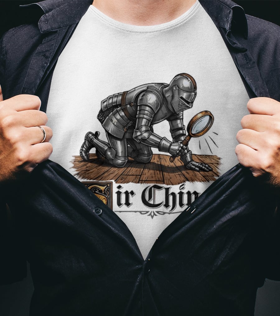 Sir Ching Medieval Knight With Magnifying Glass On Wooden Floor T-Shirt