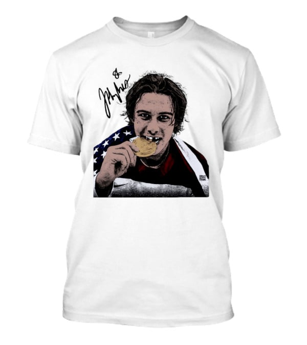 USA Hockey Jack Hughes Gold Medal Bite American Flag T-Shirt