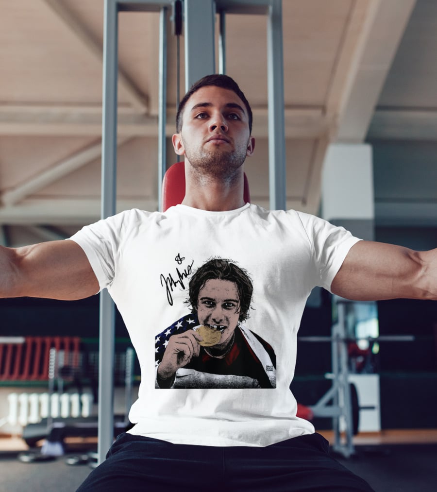 USA Hockey Jack Hughes Gold Medal Bite American Flag T-Shirt