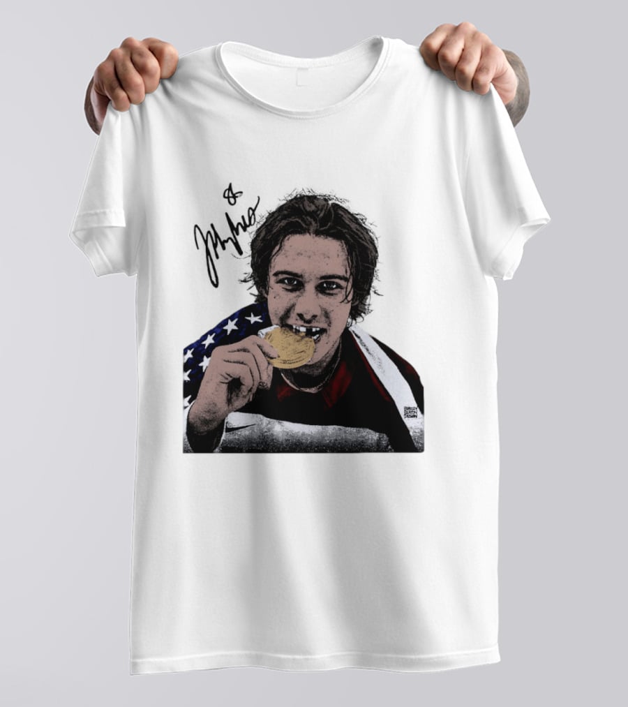 USA Hockey Jack Hughes Gold Medal Bite American Flag T-Shirt