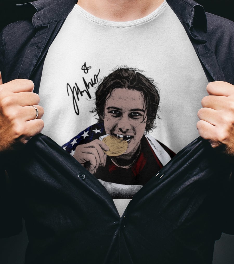 USA Hockey Jack Hughes Gold Medal Bite American Flag T-Shirt