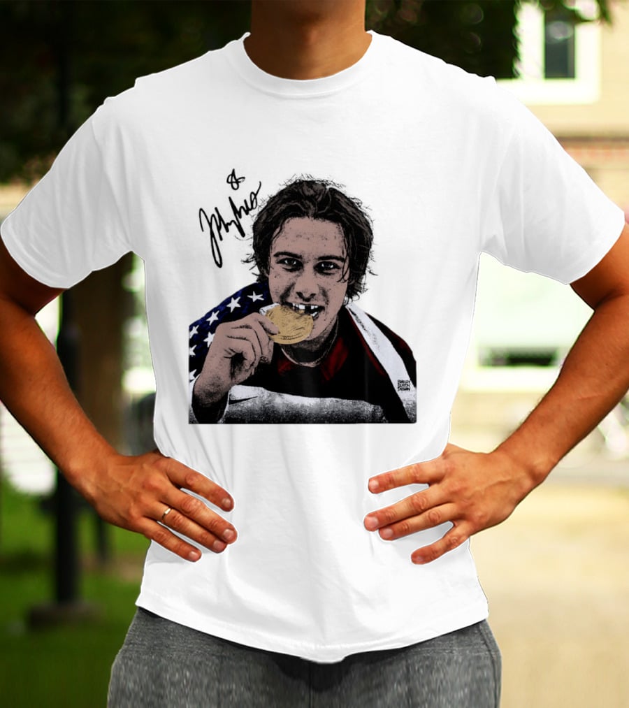 USA Hockey Jack Hughes Gold Medal Bite American Flag T-Shirt