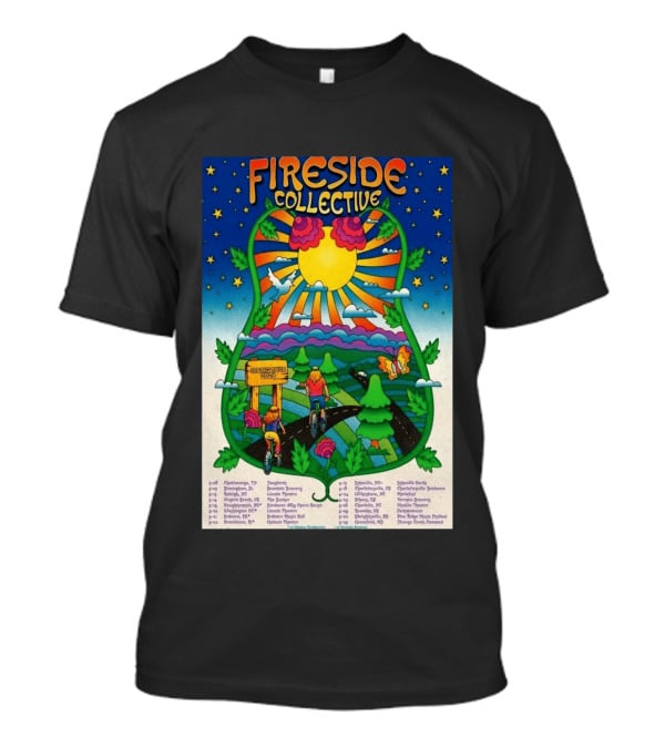 Fireside Collective Spring Tour 2026 Vibrant Cycling Adventure In Scenic Nature Landscape With Sunburst And Stars T-Shirt