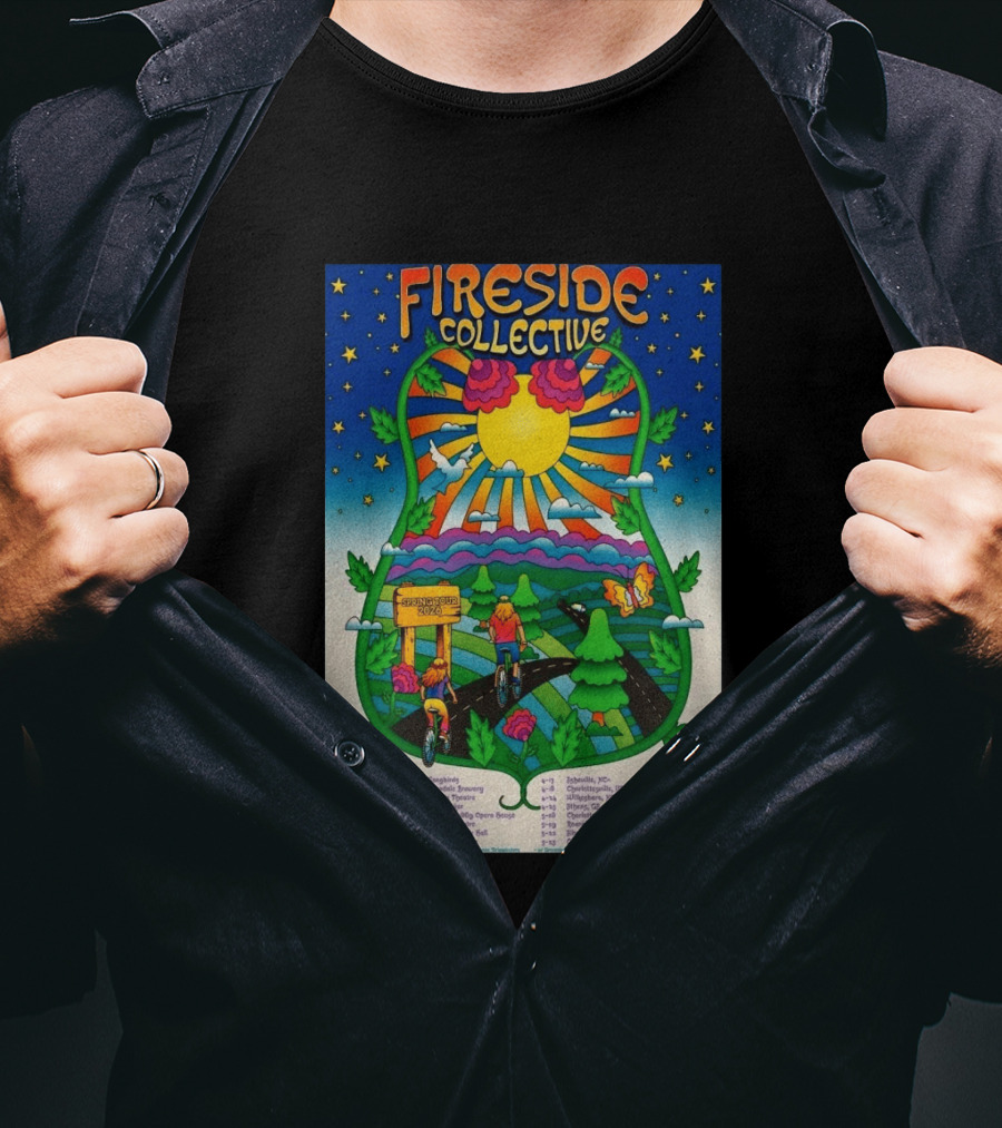 Fireside Collective Spring Tour 2026 Vibrant Cycling Adventure In Scenic Nature Landscape With Sunburst And Stars T-Shirt
