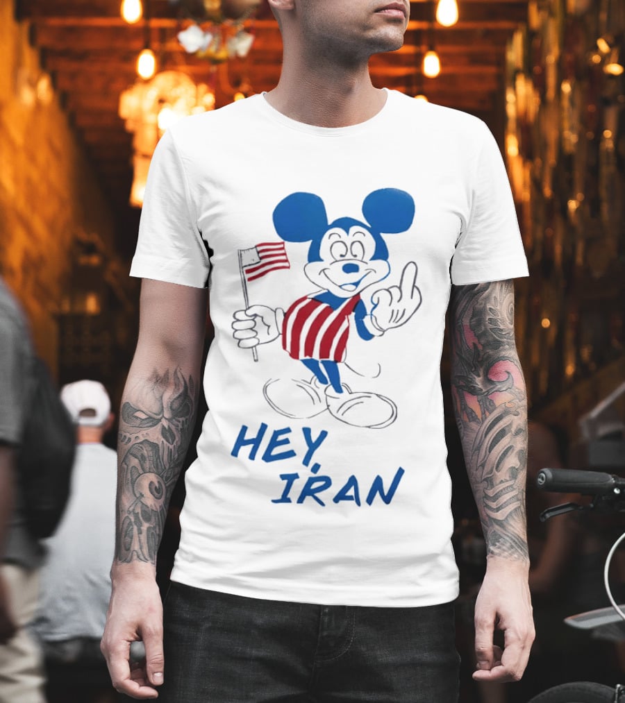 Mickey Mouse Hey Iran Middle Finger USA Flag T-Shirt