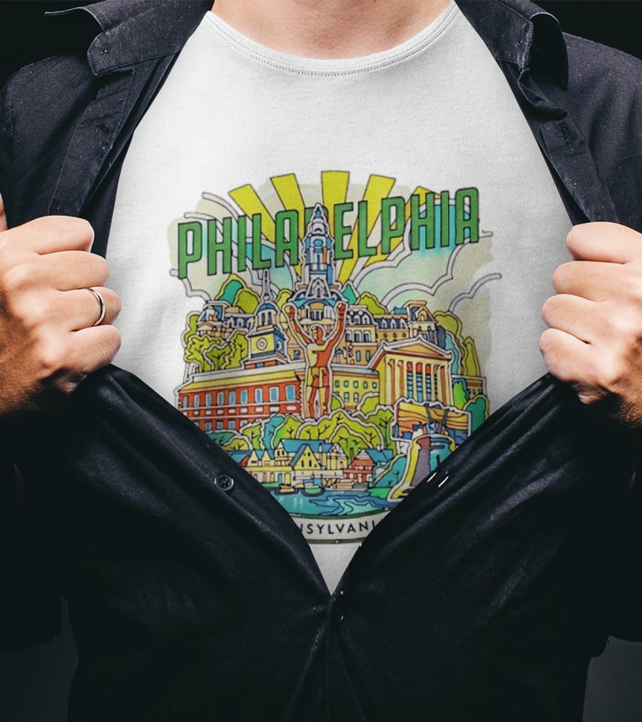 Philadelphia Pennsylvania Skyline Landmark Icons Liberty Bell Art Deco T-Shirt