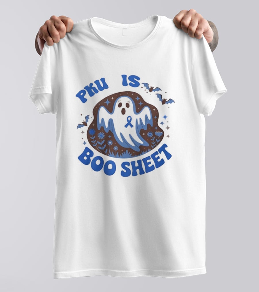 PKU Is Boo Sheet Blue Ribbon Ghost And Bat Halloween T-Shirt