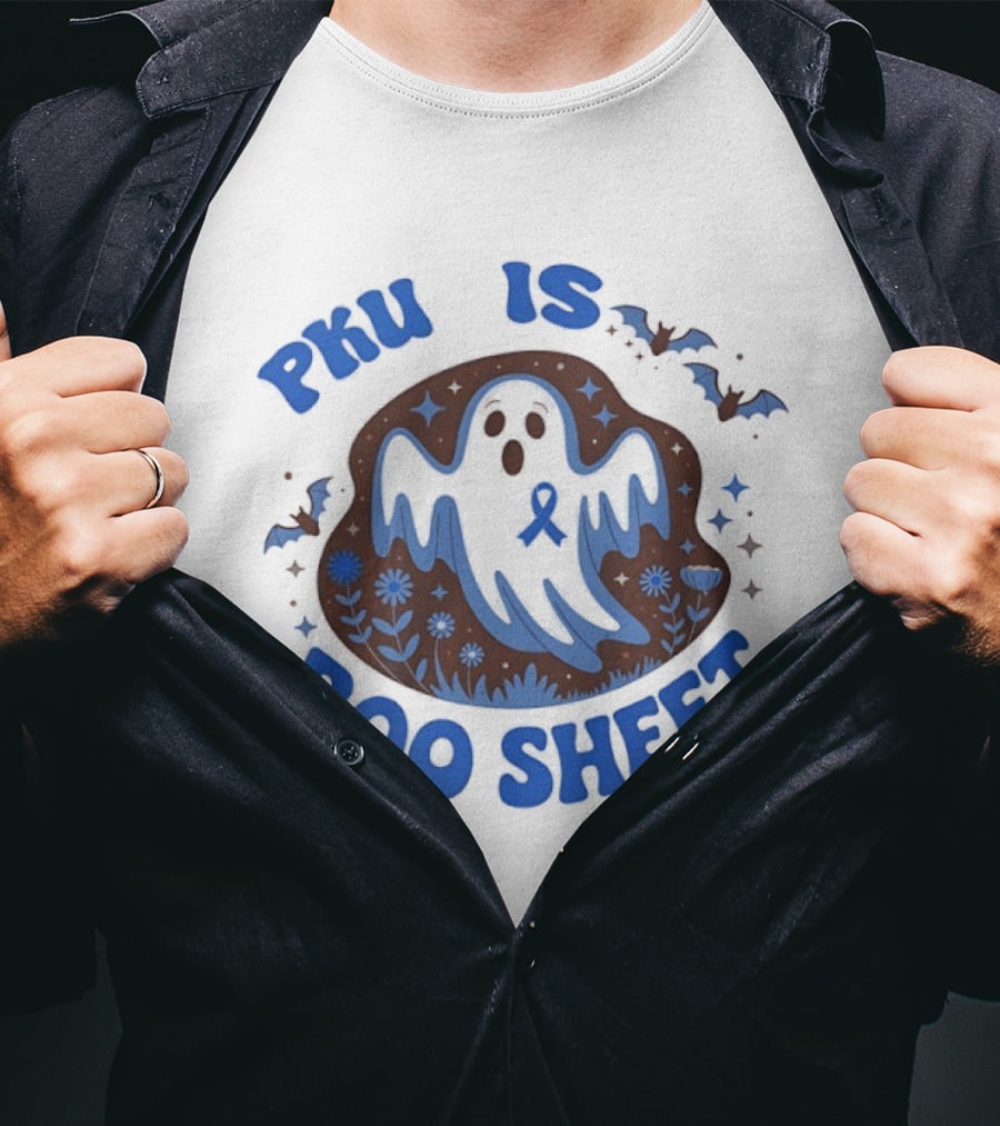 PKU Is Boo Sheet Blue Ribbon Ghost And Bat Halloween T-Shirt