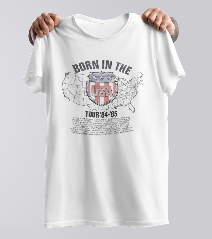 Born In The USA Tour 84 85 Map USA Shield T-Shirt