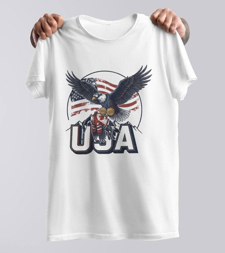 USA Eagle Ice Hockey Olympic Medals 1980 2026 American Flag T-Shirt