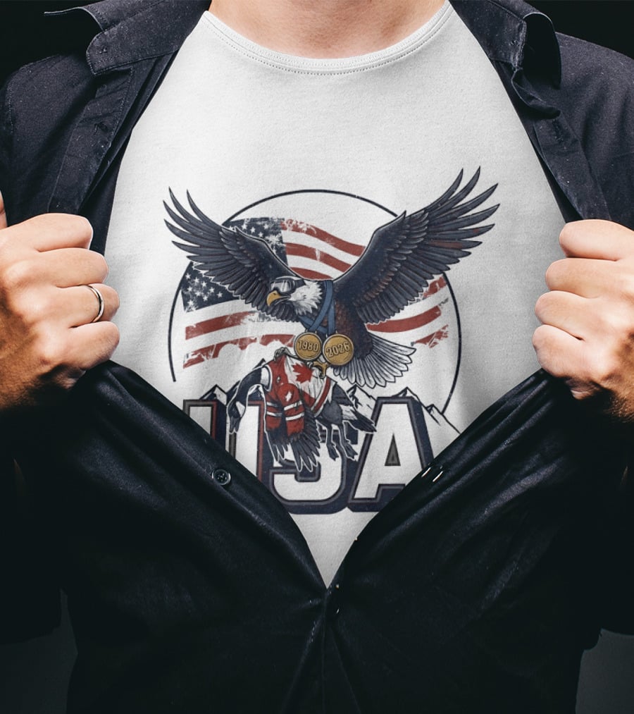 USA Eagle Ice Hockey Olympic Medals 1980 2026 American Flag T-Shirt