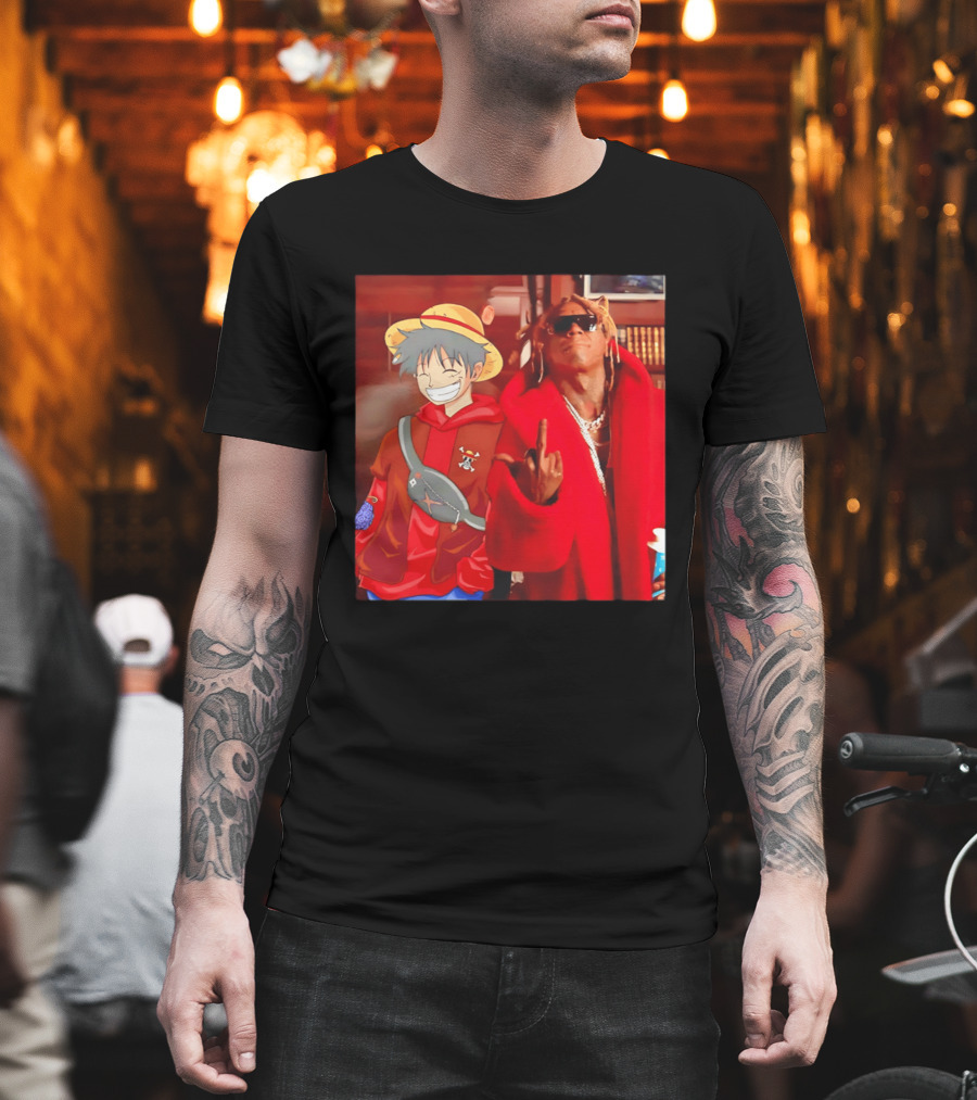 Lil Gum Monkey D. Luffy And Rapper Red Coat Outfit Fusion T-Shirt