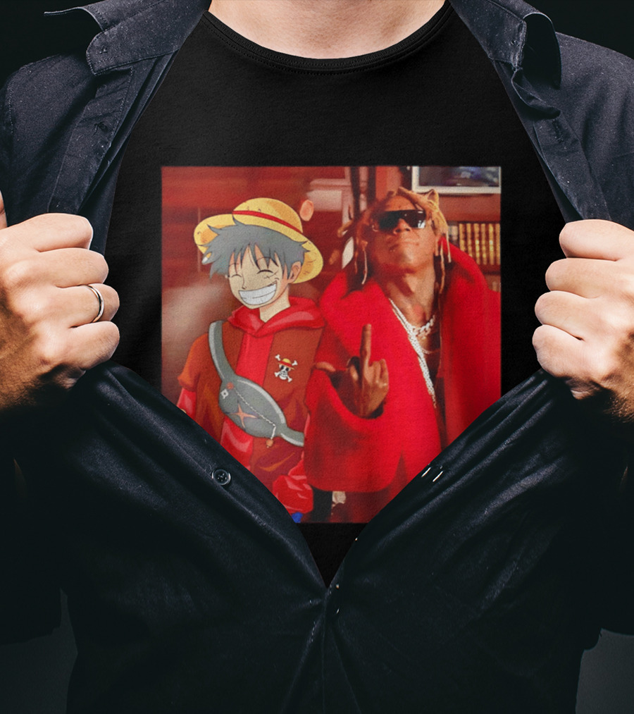Lil Gum Monkey D. Luffy And Rapper Red Coat Outfit Fusion T-Shirt