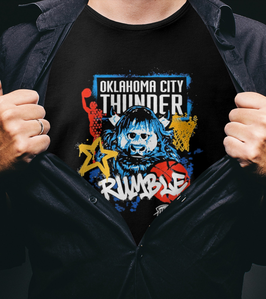 Oklahoma City Thunder Rumble Mascot Art With Stars And Paint Splatters T-Shirt