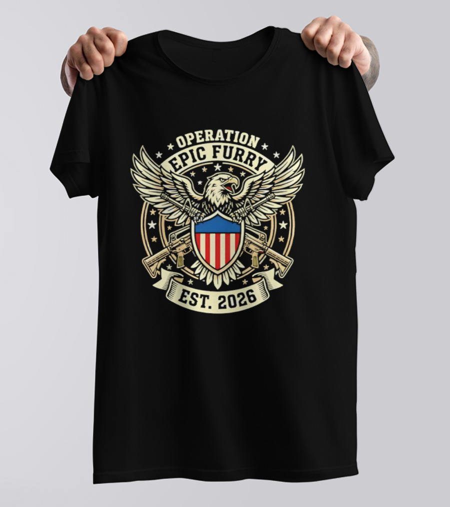 Operation Epic Furry Eagle Emblem Est 2026 Stars And Stripes Shield T-Shirt