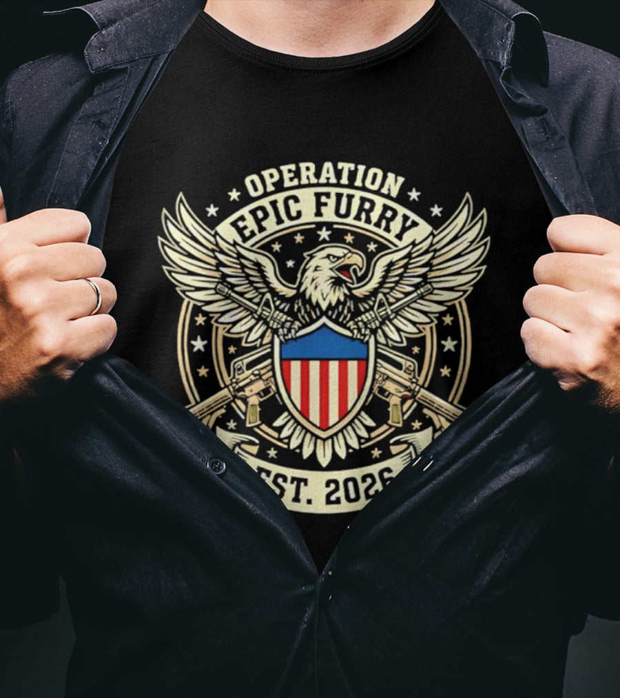 Operation Epic Furry Eagle Emblem Est 2026 Stars And Stripes Shield T-Shirt