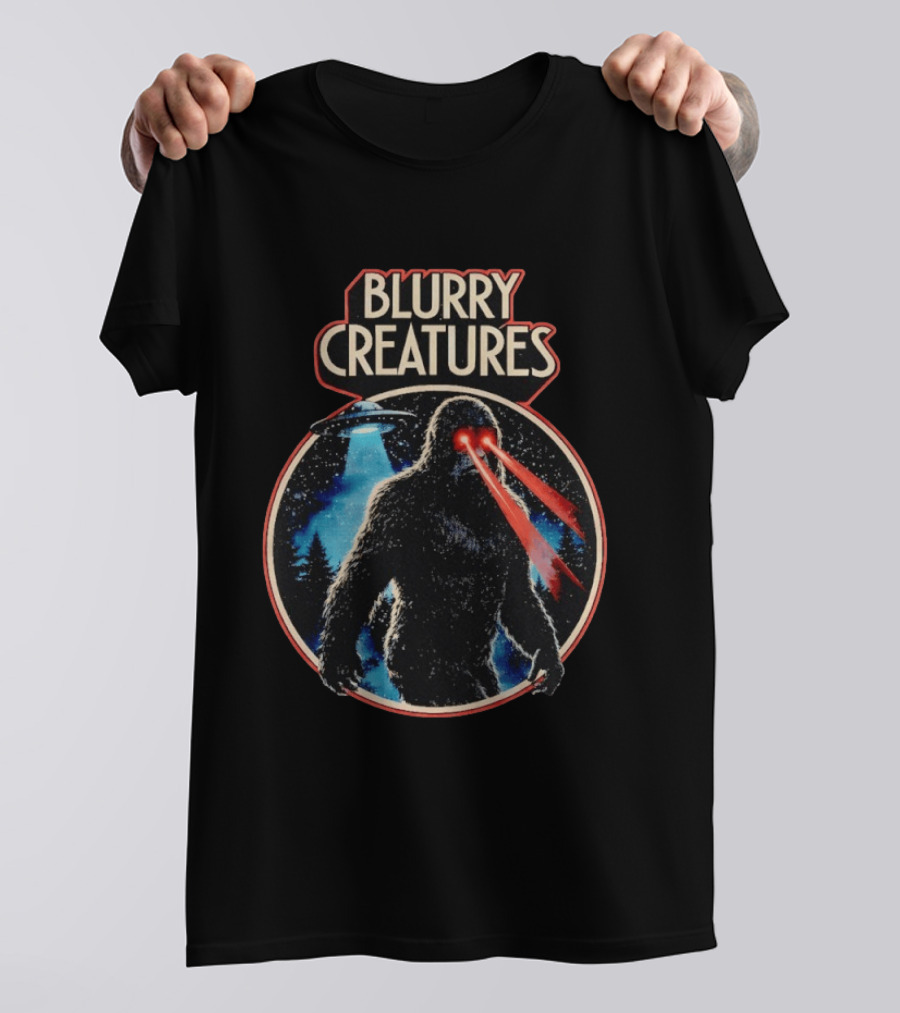 Blurry Creatures Bigfoot Laser Eyes UFO Forest T-Shirt