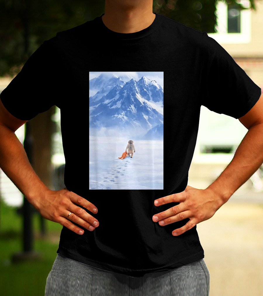 Monkey Holding Stuffed Monkey Alone Walking In Snowy Mountains T-Shirt
