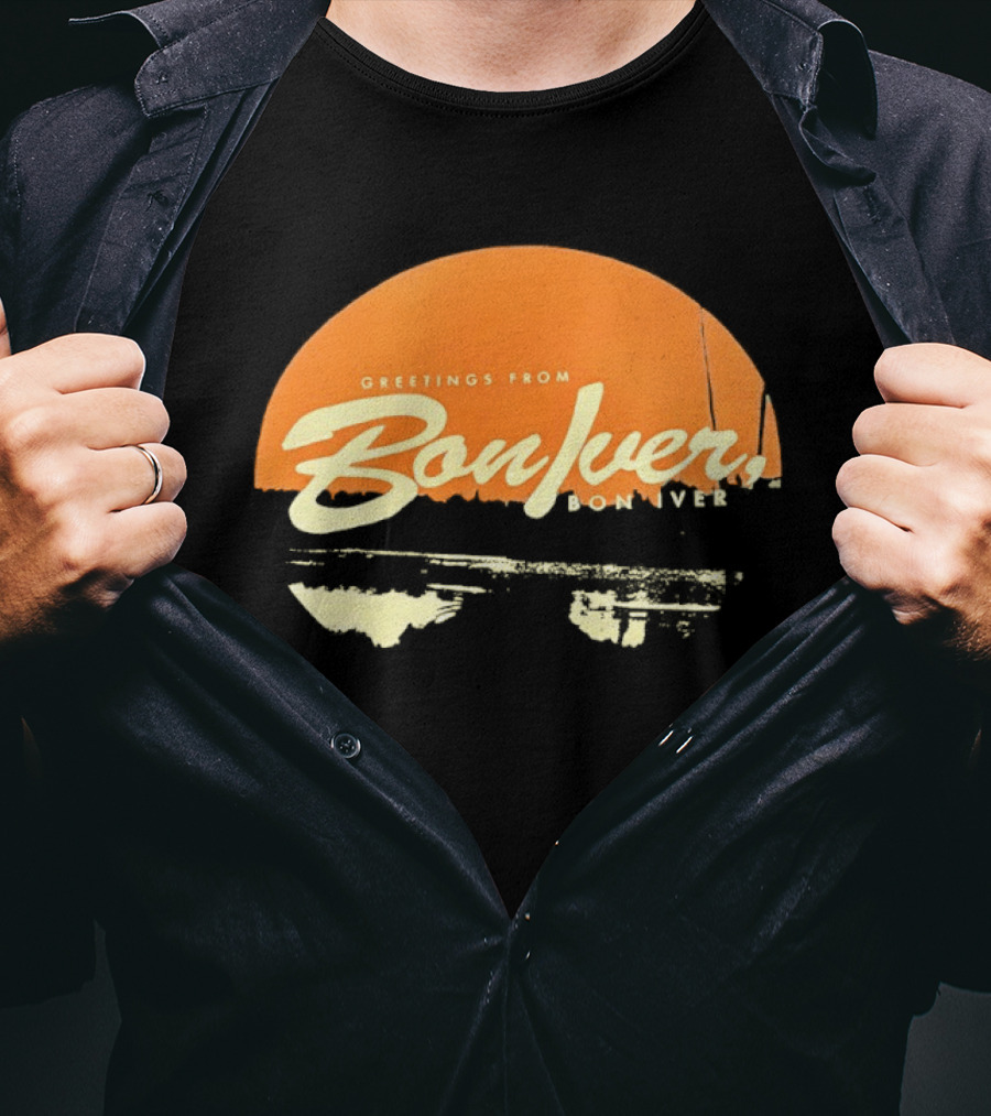 Greetings From Bon Iver Boniver Text Semi Circle Orange T-Shirt