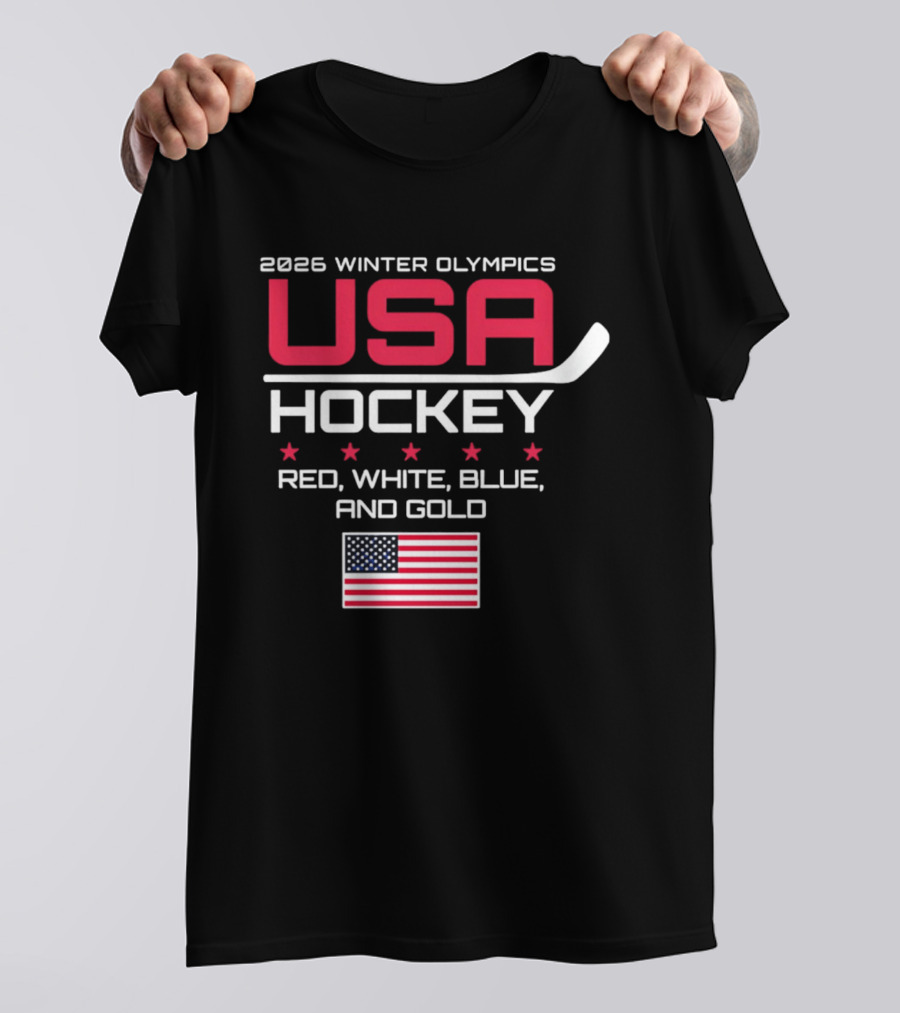2026 Winter Olympics USA Hockey Red White Blue And Gold American Flag T-Shirt