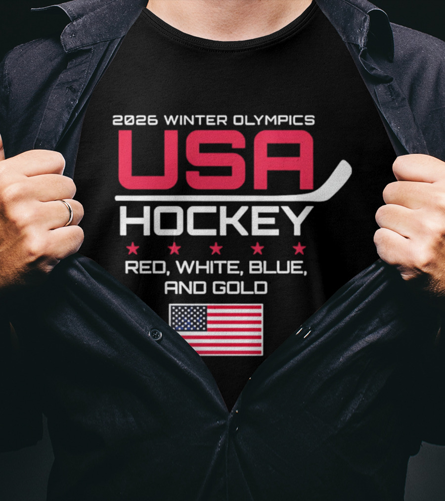 2026 Winter Olympics USA Hockey Red White Blue And Gold American Flag T-Shirt