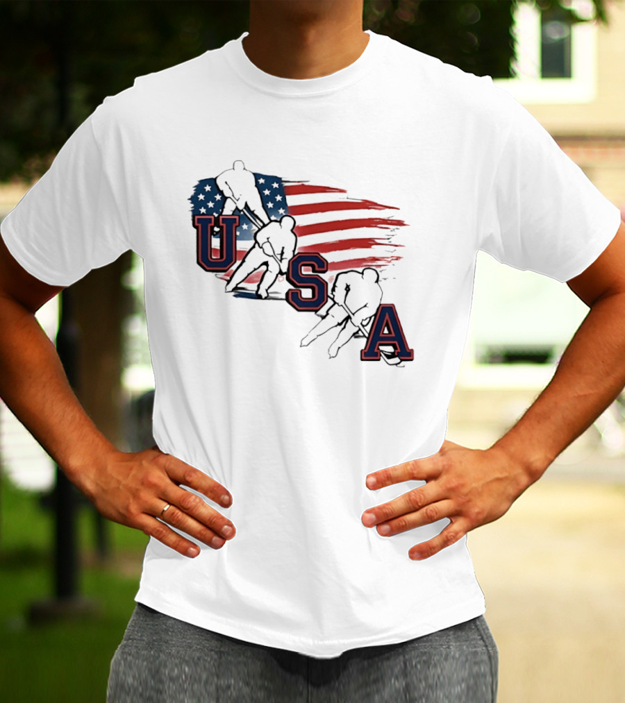USA Olympic Gold Medal Hockey American Flag Hockey Players T-Shirt