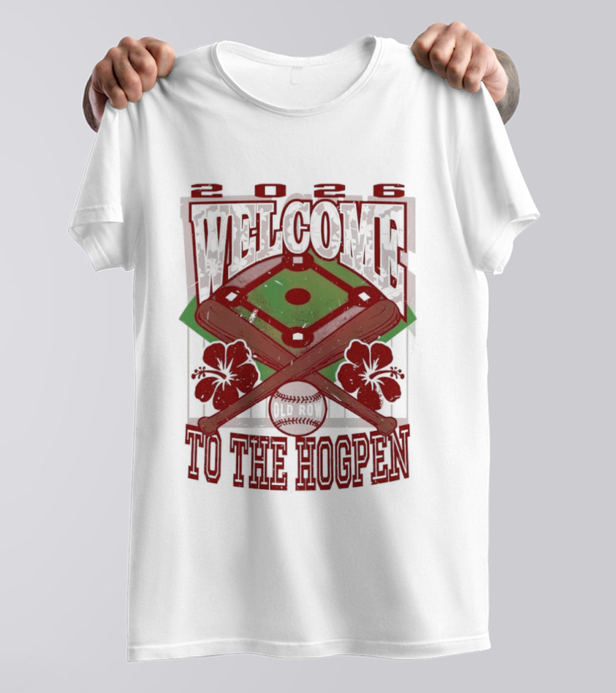 Arkansas Razorback Welcome To The Hogpen Baseball Field Floral Crossed Bats T-Shirt