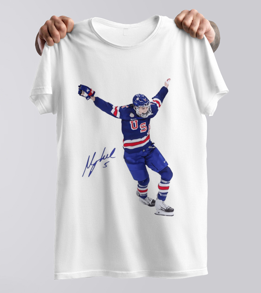 USA Team Hockey Megan Keller Blue Uniform Celebration T-Shirt