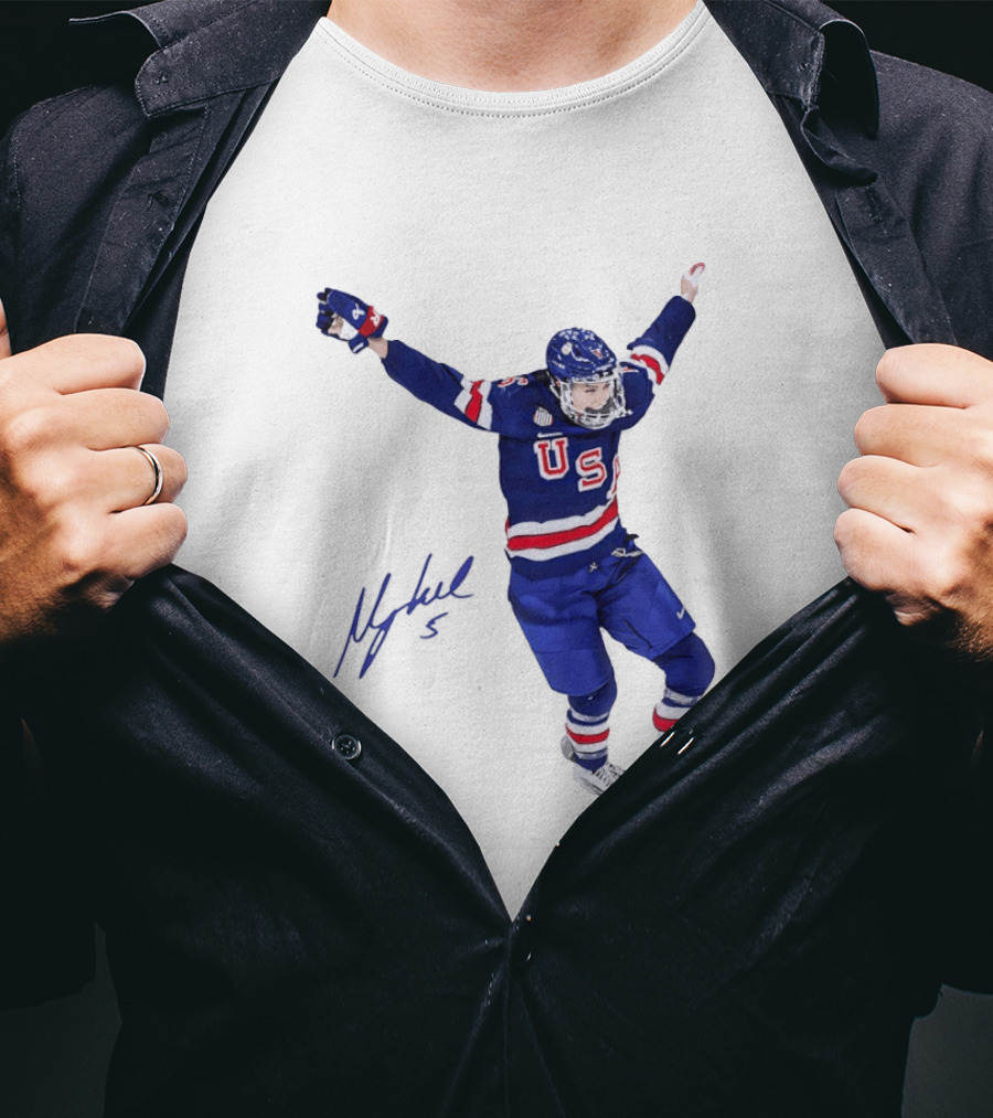 USA Team Hockey Megan Keller Blue Uniform Celebration T-Shirt