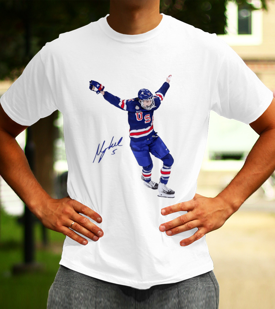 USA Team Hockey Megan Keller Blue Uniform Celebration T-Shirt